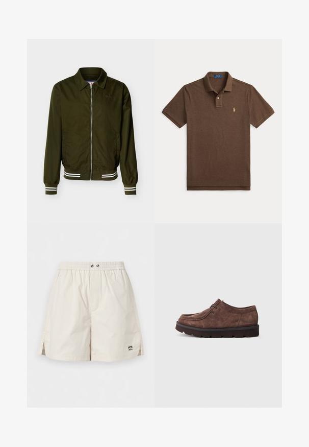 Veste zippée vert olive avec col, poignets et ourlet élastiqués ornés de doubles rayures blanches et poches latérales.; Polo marron à manches courtes avec col et patte à deux boutons, avec un petit logo brodé sur la poitrine gauche.; Shorts beige à taille élastique avec fentes latérales, deux boutons métalliques et une petite étiquette de marque rectangulaire sur l'ourlet inférieur droit.; Chaussure en daim marron avec un bout rond, des lacets et une épaisse semelle en caoutchouc. Design minimaliste avec des coutures discrètes et un logo subtil sur le talon.
