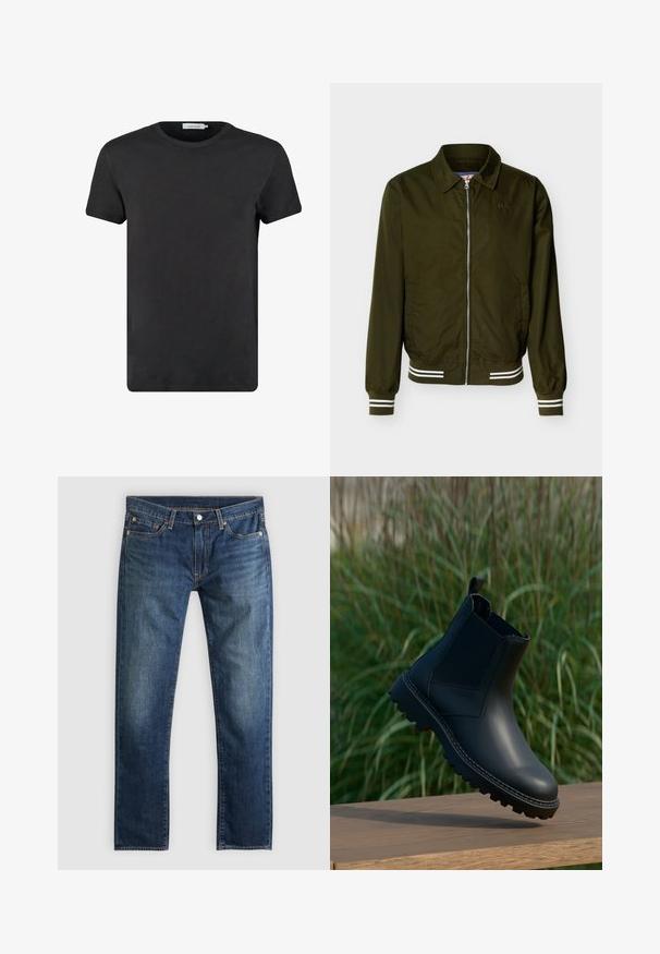 Veste zippée vert olive avec col, poignets et ourlet élastiqués ornés de doubles rayures blanches et poches latérales.; T-shirt en coton noir avec un col rond et des manches courtes. Le tissu a une texture lisse et sans motifs ni accents. Coupe classique.; Jean slim bleu foncé avec cinq poches, rivets en cuivre et fermeture à bouton, étalé à plat sur un fond gris clair.; Bottine en cuir noir avec tirant et panneaux latéraux élastiques flottant au-dessus d'une surface en bois, herbe verte floue en arrière-plan.