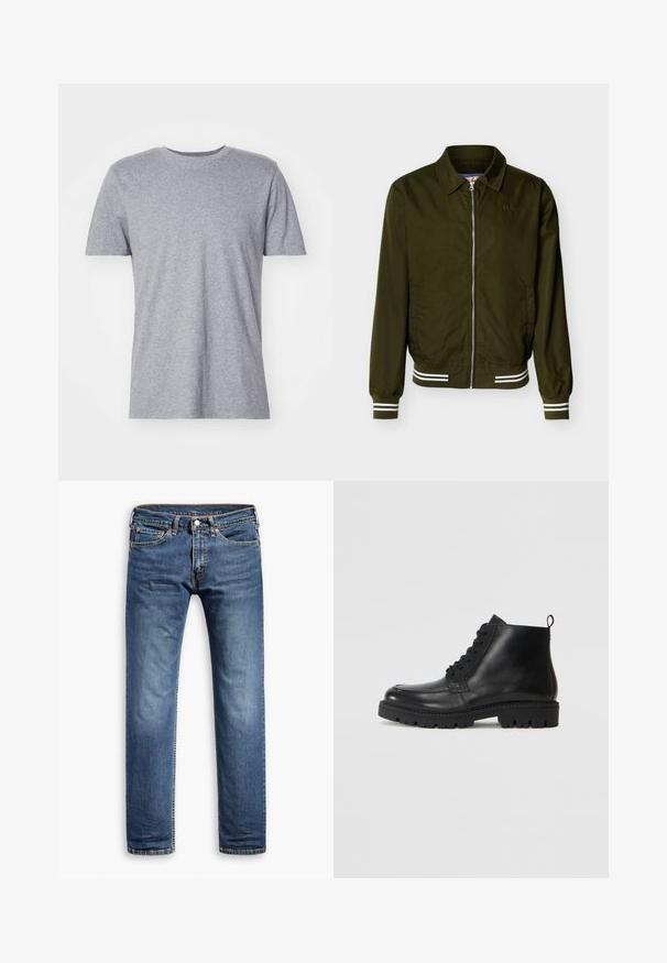 Olijfgroene jas met rits, kraag, elastische manchetten en zoom met witte dubbele strepen en zijzakken.; Grijze, korte mouwen t-shirt gemaakt van een katoenmix, met een klassieke ronde halslijn en een gladde, zachte textuur.; Blauwe denim jeans met een recht model, klassieke vijf-pocket stijl, subtiele vervaging en stiksels langs de naden.; Zwarte leren enkellaarzen met een ronde neus, vetersluiting aan de voorkant en een gestructureerde rubberen zool. Voorzien van een trekband op de hak voor eenvoudig aan- en uittrekken.
