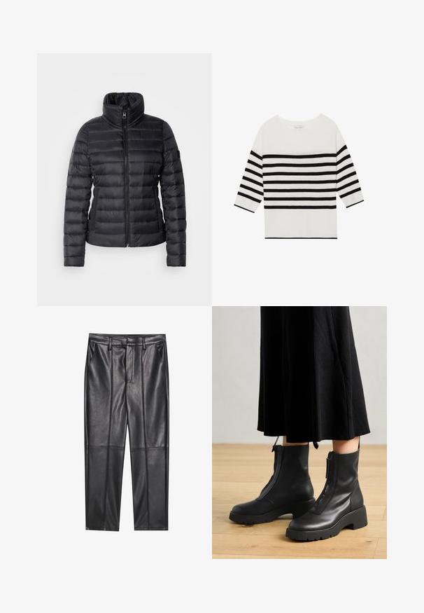 Sort pufferjakke med høj krave, lynlås i front, vandret quiltet design og glat tekstur. Har en sidelomme og logo-detalje.; Sort-hvid stribet sweater med trekvartærmer, rund halsudskæring og blød strikket tekstur. Vandrette striber over hele beklædningsgenstanden.; Sorte læderbukser med en glat overflade, der har lige pasform, to forlommer og synlige sømdetaljer.; Sorte læder ankelstøvler med en kraftig platformsål og en frontlynlås. Glat tekstur med et minimalistisk design.