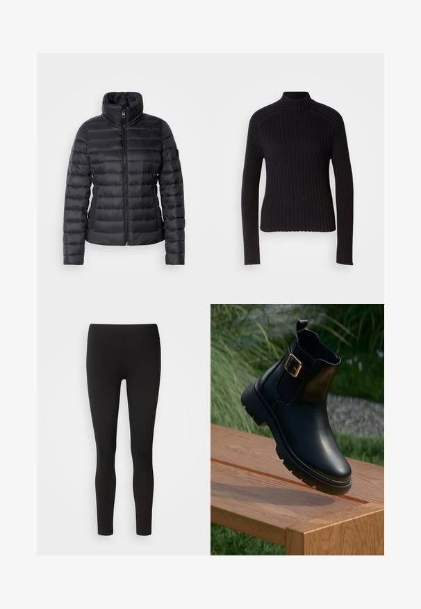 Schwarze Steppjacke mit hohem Kragen, durchgehendem Reißverschluss, horizontalem Steppdesign und glatter Textur. Verfügt über eine Seitentasche und ein Logodetail.; Schwarzer gerippter Rollkragenpullover mit langen Ärmeln, tailliertem Design und strukturierter Oberfläche. Hergestellt aus einem dehnbaren Strickstoff.; Schwarze Leggings aus elastischem Stoff mit nahtlosem Bund, figurbetontem Design und glatter Textur, geeignet für verschiedene Aktivitäten.; Schwarze Leder-Ankle-Boots mit glänzender Oberfläche, goldener Schnalle und robuster Sohle. Erhöhte Position auf einer Holzoberfläche.