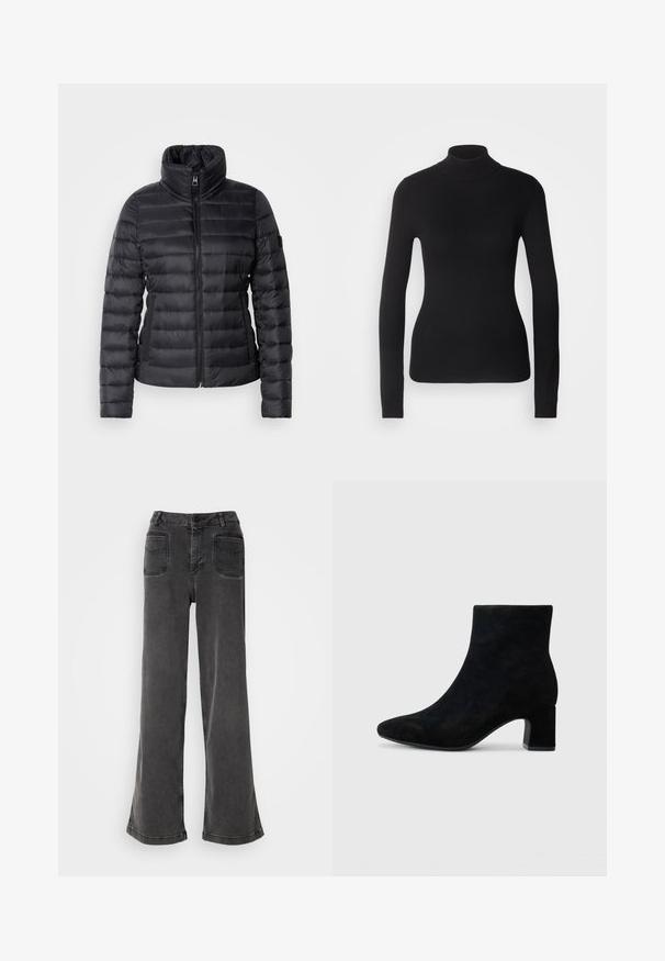 Sort pufferjakke med høj krave, lynlås i front, vandret quiltet design og glat tekstur. Har en sidelomme og logo-detalje.; Sort turtleneck sweater lavet af let strikket stof. Har lange ærmer, et tætsiddende design og en blød ribbet tekstur.; Høj talje, brede ben sorte jeans lavet af denim, med knaplukning, bæltestropper og to baglommer med syninger.; Sorte suede ankelstøvler med spidse tæer og en lav blokhæl, med en glat overflade og minimalistisk design.