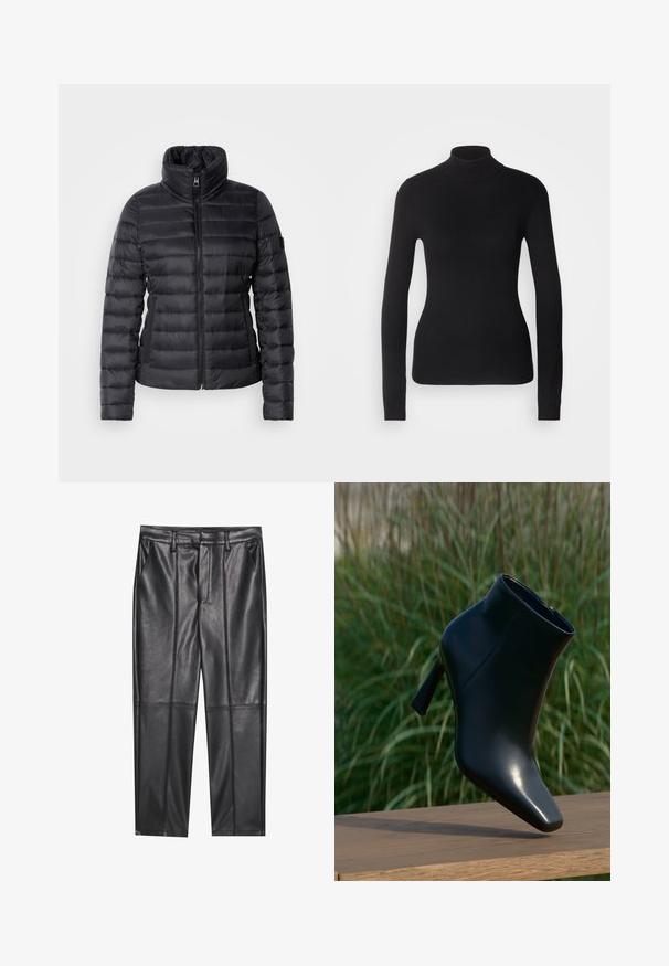 Sort pufferjakke med høj krave, lynlås i front, vandret quiltet design og glat tekstur. Har en sidelomme og logo-detalje.; Sort turtleneck sweater lavet af let strikket stof. Har lange ærmer, et tætsiddende design og en blød ribbet tekstur.; Sorte læderbukser med en glat overflade, der har lige pasform, to forlommer og synlige sømdetaljer.; Sort læder ankelstøvle med spids tå og stilettohæl; glat, blank overflade; har en sidelukning med lynlås. Baggrunden antyder grønne områder.