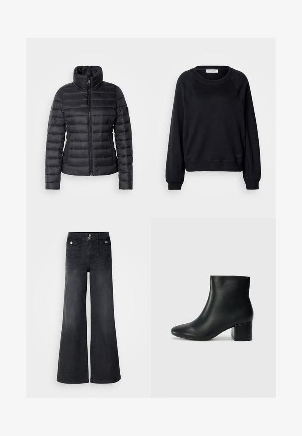 Schwarze Steppjacke mit hohem Kragen, durchgehendem Reißverschluss, horizontalem Steppdesign und glatter Textur. Verfügt über eine Seitentasche und ein Logodetail.; Schwarzer Pullover mit rundem Ausschnitt, Raglanärmeln und gerippten Bündchen. Verfügt über einen strukturierten Stoff und ein kleines Logodetail am Saum.; Schwarze Denim-Jeans mit weitem Bein und hoher Taille, mit vorderen Knöpfen und zwei Vordertaschen; glatte Textur mit leichtem Verwaschungsfinish.; Schwarze Leder-Ankle-Boots mit spitzem Zehenbereich und klobigem Absatz. Glatte Textur mit minimalen Akzenten und einem eleganten, taillierten Design.