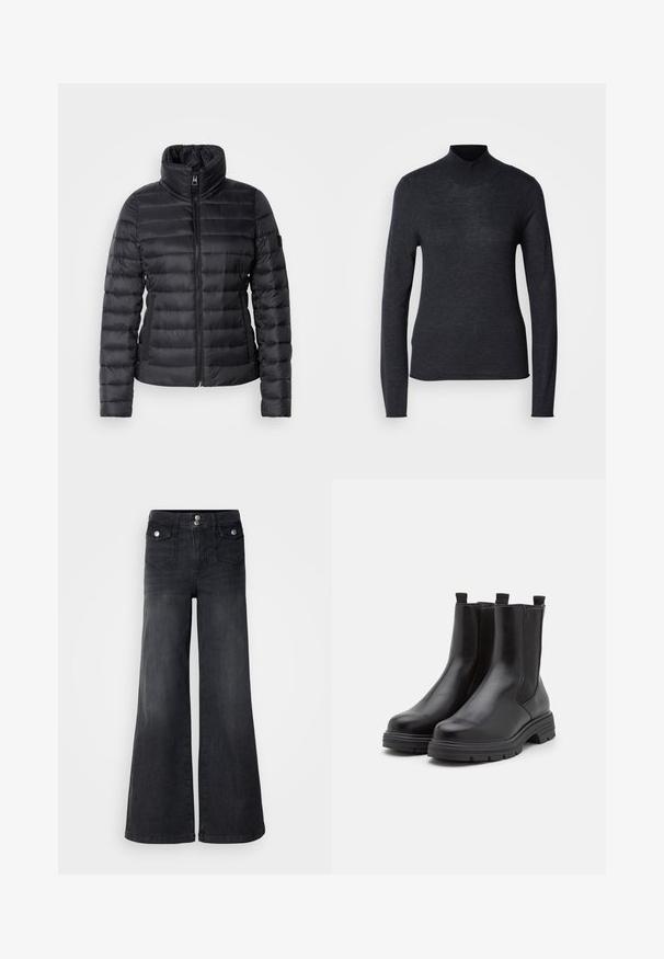 Schwarze Steppjacke mit hohem Kragen, durchgehendem Reißverschluss, horizontalem Steppdesign und glatter Textur. Verfügt über eine Seitentasche und ein Logodetail.; Schwarzer, langärmeliger Rollkragenpullover aus einem weichen, leichten Strickstoff. Hat eine figurbetonte Passform und einen gerippten Kragen für einen eleganten Look.; Schwarze Denim-Jeans mit weitem Bein und hoher Taille, mit vorderen Knöpfen und zwei Vordertaschen; glatte Textur mit leichtem Verwaschungsfinish.; Schwarze Leder-Stiefeletten mit elastischen Seiteneinsätzen, runder Zehenform und dicker Gummisohle. Mit Zuglaschen für einfaches An- und Ausziehen.