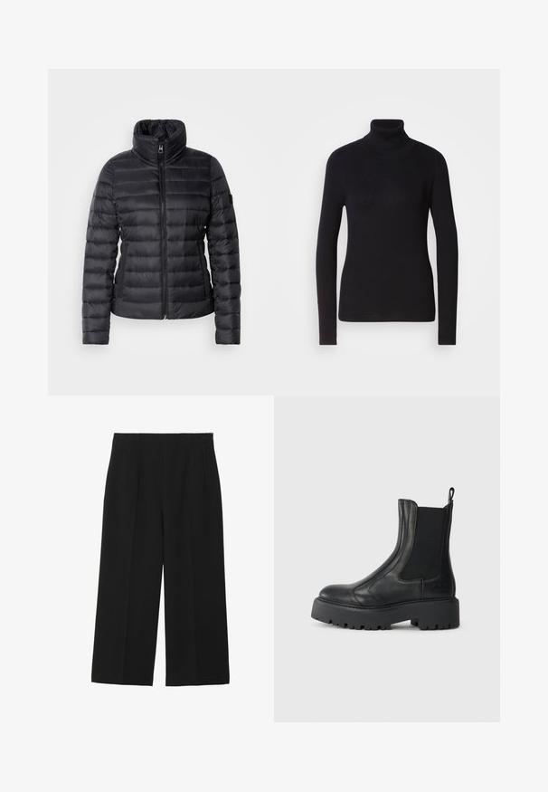 Sort pufferjakke med høj krave, lynlås i front, vandret quiltet design og glat tekstur. Har en sidelomme og logo-detalje.; Sort ribbet rullekravesweater med lange ærmer. Fremstillet af strikmateriale med en tætsiddende design. Glat tekstur og høj halsdetalje.; Sorte breddebenede bukser lavet af glat stof, med to forlommer, flad front og lynlås lukning på siden.; Sorte læder ankelstøvler med elastiske sidepaneler, en afrundet tæerne og en chunky tekstureret gummisål. Har en trækflap bagpå.
