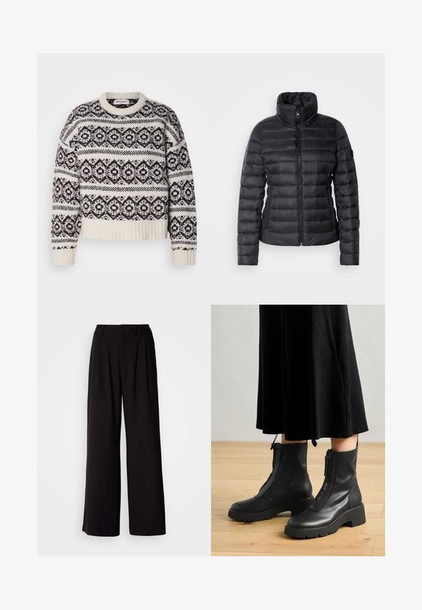 Veste rembourrée noire avec un col haut, une fermeture éclair à l'avant, un design matelassé horizontal et une texture lisse. Comprend une poche latérale et un détail de logo.; Pull en tricot crème et marron foncé. Il présente un motif géométrique, un col et un ourlet côtelés, des manches longues et une coupe courte.; Pantalon large noir en tissu lisse, avec des plis à l'avant, une taille ajustée, et sans motifs ni accents visibles.; Bottines en cuir noir avec une semelle plateforme épaisse et une fermeture éclair à l'avant. Texture lisse avec un design minimaliste.