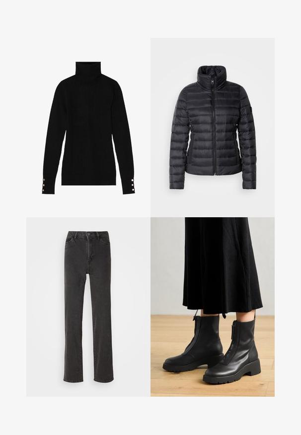 Veste rembourrée noire avec un col haut, une fermeture éclair à l'avant, un design matelassé horizontal et une texture lisse. Comprend une poche latérale et un détail de logo.; Pull en col roulé noir avec une texture côtelée. Présente des manches longues ajustées avec trois boutons en argent à chaque poignet.; Jeans en denim noir à coupe droite, taille haute, cinq poches et fermeture à bouton. Le matériau a une légère texture, sans motifs visibles.; Bottines en cuir noir avec une semelle plateforme épaisse et une fermeture éclair à l'avant. Texture lisse avec un design minimaliste.