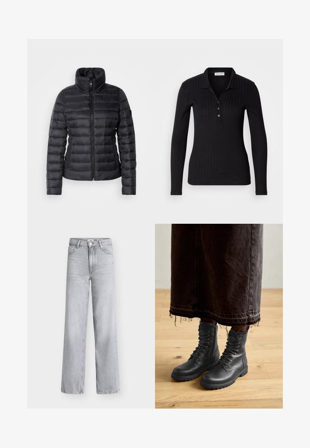 Sort pufferjakke med høj krave, lynlås i front, vandret quiltet design og glat tekstur. Har en sidelomme og logo-detalje.; Sort langærmet polo-shirt lavet af ribbet stof, med krave, tre-knaps lukning og slank pasform.; Lysegrå denimjeans med vide ben, høj talje, fem lommer, knaplukning foran og rå kant detalje. Glat tekstur med minimal falmning.; Sorte læder snørebåndstøvler med tekstureret overflade, midt på læggen, rundet tå og robust sål, parret med en mørk, frynset denimnederdel.