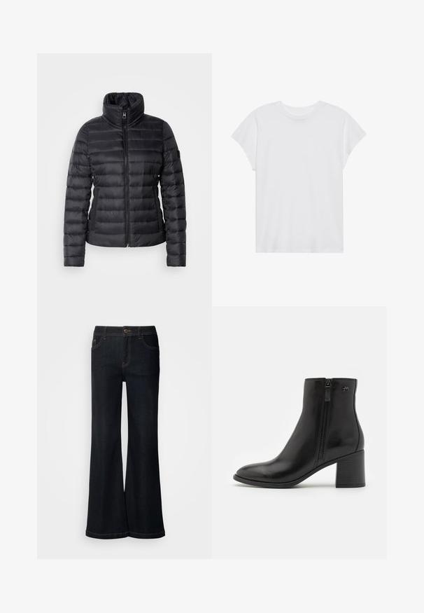 Veste rembourrée noire avec un col haut, une fermeture éclair à l'avant, un design matelassé horizontal et une texture lisse. Comprend une poche latérale et un détail de logo.; T-shirt blanc à manches courtes, col rond, coupe décontractée, en tissu de coton doux. Texture lisse, sans motifs ni logos.; Mos Mosh MMDARA DELUXE JEANS - Jean boyfriend - dark blue; Bottines noires en cuir lisse avec une fermeture éclair sur le côté. Présentent un bout pointu et un talon bloc texturé pour plus de stabilité.
