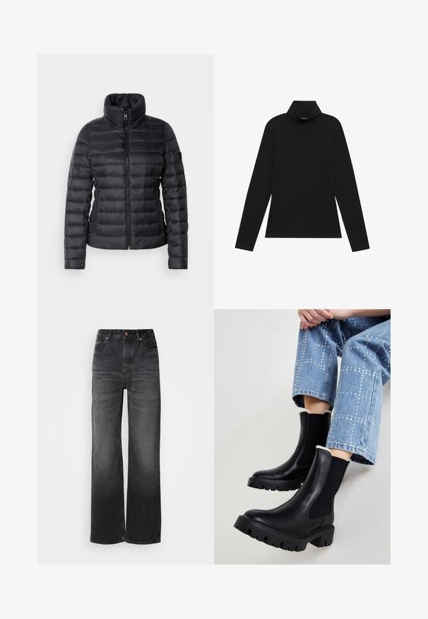 Schwarze Steppjacke mit hohem Kragen, durchgehendem Reißverschluss, horizontalem Steppdesign und glatter Textur. Verfügt über eine Seitentasche und ein Logodetail.; Schwarzes langärmeliges Rollkragenshirt. Weicher Stoff, enganliegendes Design, hoher Kragen und seitliche Nähte. Schlichter und vielseitiger Stil, der sich gut für das Layering eignet.; Schwarze, ausgestellte Denim-Jeans mit hoher Taille, fünf Taschen, Knopfverschluss und dezentem, verblasstem Muster. Dickes Material mit strukturierter Passform.; Schwarze Lederstiefeletten mit elastischen Seiteneinsätzen, strukturierten, klobigen Sohlen und Lammfellfutter am Schaft, kombiniert mit hellblauen, verzierten Jeans.