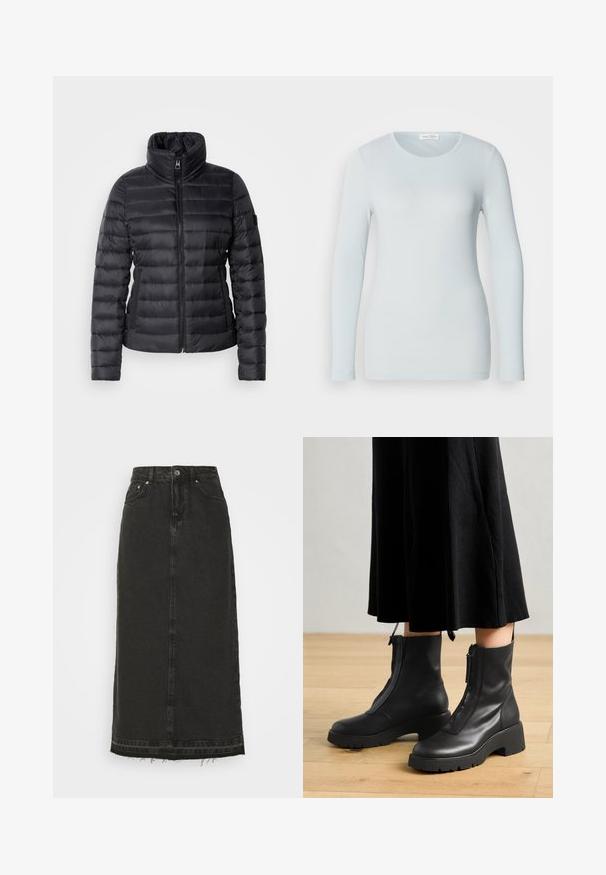 Schwarze Steppjacke mit hohem Kragen, durchgehendem Reißverschluss, horizontalem Steppdesign und glatter Textur. Verfügt über eine Seitentasche und ein Logodetail.; Helles blaues langärmliges T-Shirt aus Rippstoff. Verfügt über einen runden Halsausschnitt und eine schmale Passform. Glatte Textur ohne sichtbare Muster oder Verzierungen.; Schwarzer Denim-Midirock mit tailliertem Bund, vorderem Knopfverschluss und ausgefranstem Saum. Verfügt über ein klassisches Fünf-Taschen-Design und eine leichte Textur.; Schwarze Lederstiefeletten mit einer dicken Plattformsohle und einem Reißverschluss vorne. Glatte Textur mit einem minimalistischen Design.