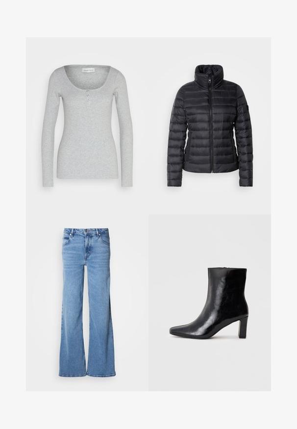 Chaqueta de plumas negra con cuello alto, cierre frontal con cremallera, diseño acolchado horizontal y textura suave. Presenta un bolsillo lateral y detalle del logo.; Camiseta de manga larga color gris hecha de una tela suave y texturizada. Presenta un escote redondeado y tres botones funcionales en el centro delantero.; Vaqueros de pierna ancha azul claro hechos de mezclilla. Presentan un diseño clásico de cinco bolsillos y una bragueta con botones visibles. Textura suave y acabado sin adornos.; Botín negro de tobillo hecho de cuero brillante, con punta afilada y un tacón de bloque medio, con una textura suave y un diseño sencillo.