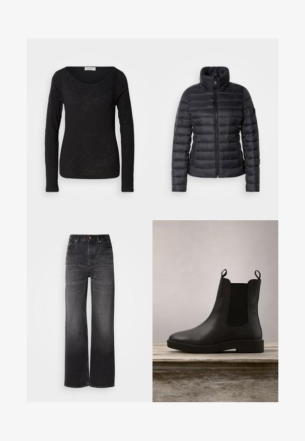 Chaqueta de plumas negra con cuello alto, cierre frontal con cremallera, diseño acolchado horizontal y textura suave. Presenta un bolsillo lateral y detalle del logo.; Blusa negra de manga larga hecha de una tela ligera y texturizada. Presenta un escote en forma de scoop y una silueta ajustada con un detalle mínimo.; Vaqueros de mezclilla negros acampanados con talle alto, cinco bolsillos, cierre de botón y una sutil textura deslavada. Tejido grueso con un ajuste estructurado.; Botín negro de cuero hasta el tobillo con paneles laterales elásticos y un tacón bajo, que presenta un acabado suave y punta redondeada, posicionado sobre una superficie de madera.