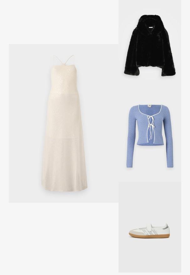 Sort jakke af imiteret pels med et kort design, brede ærmer og hætte. Har skjult frontlukning og blød tekstur.; Lyseblå ribbet crop top med lange ærmer, med en kvadratisk udskæring og hvide bånd foran. Struktureret mønster over hele stoffet.; Lang cremefarvet kjole med et pailletmønster, der har tynde stropper og en tætsiddende overdel, som glider ned i en løs nederdel, glat tekstur.; Hvid sneaker med sølvstriber, ruskindsspids og velcrolukning. Sål af tekstureret gummimateriale. Minimalistisk design med glat finish.