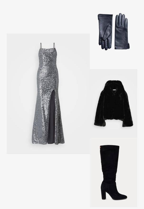 Zwarte faux fur jas met een cropped ontwerp, brede mouwen en een capuchon. Heeft een verborgen voorpand en een zachte textuur.; Zilver kleuren pailletten avondjurk met spaghettibandjes, aansluitende taille en een hoge split tot boven de dij. Gladde zwarte voering eronder.; Zwarte suède dameslaars tot over de knie met blokhak en puntige neus, voorzien van een klein gouden logo label vlak bij de bovenkant aan de achterkant.; Een paar zwarte leren handschoenen, één toont de palmzijde en de ander de achterkant met gedetailleerd stiksel op een witte achtergrond.