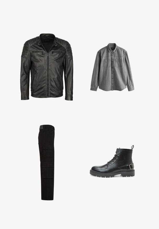 Zwarte leren jas met gequilte schouderdetails, ritssluiting aan de voorkant en twee ritszakken; soepele textuur, slim fit ontwerp.; Grijze denim overhemd met lange mouwen, knoopsluiting aan de voorkant, twee borstzakken, spitse kraag en gestikte details langs de naden en schouders.; Zwarte cargobroek met meerdere grote klepzakken, riemlussen en een rechte pijpsnit, zijaanzicht.; Zwarte leren combatboot met veters, metalen oogjes, robuuste zool, trekband aan de hiel en een decoratieve gesp op de zijkant.