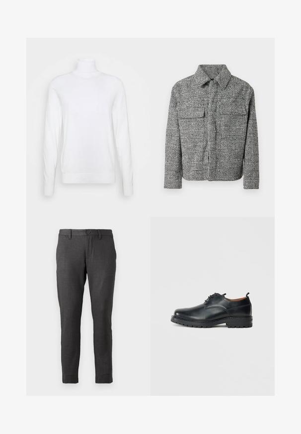 Veste à carreaux noir et blanc avec un col, deux poches poitrine, des manches longues et un tissu texturé.; Pull à col roulé blanc avec des manches longues, fabriqué en tissu lisse. Présente un design ajusté et des poignets et un ourlet côtelés. Pas de motifs ni d'accents.; Only & Sons ONSMARK Slim Fit - Chino - coffee bean; Chaussures derby en cuir noir avec une texture lisse, bout rond, design à lacets et une semelle en caoutchouc épaisse et robuste.