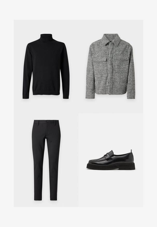 Veste à carreaux noir et blanc avec un col, deux poches poitrine, des manches longues et un tissu texturé.; Pull noir à manches longues avec col roulé côtelé, poignets et ourlet sur fond gris clair uni.; Pantalons à rayures noires avec une coupe plate, ajustée, dotés d'une fermeture boutonnée et de passants de ceinture, fabriqués dans un matériau textile lisse.; Chaussures en cuir noir de style mocassin avec une semelle plate et texturée, présentant un bout piqué et une sangle traversant le cou-de-pied.