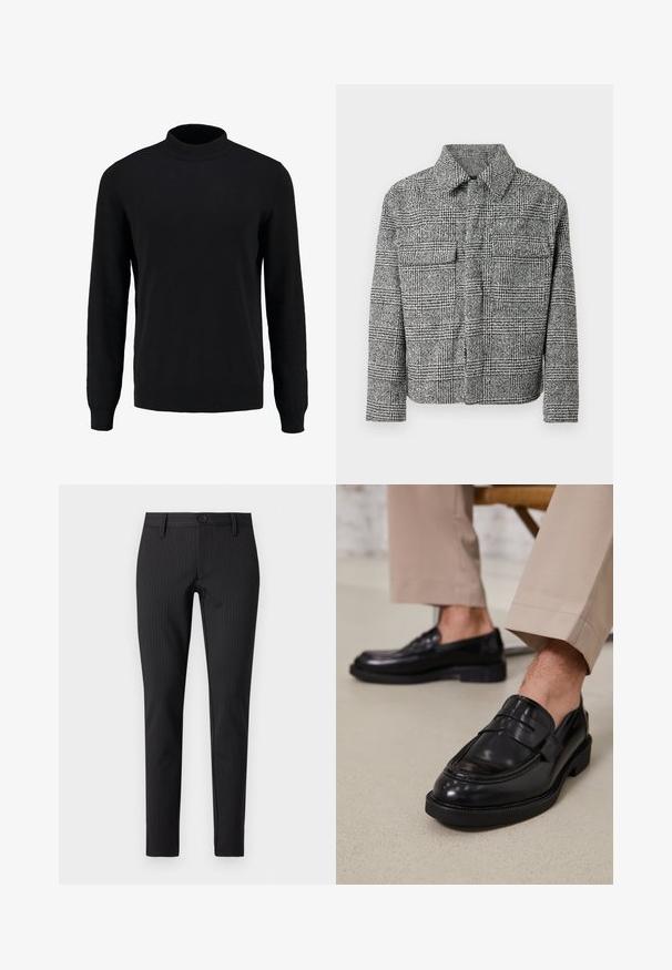 Veste à carreaux noir et blanc avec un col, deux poches poitrine, des manches longues et un tissu texturé.; Pull en maille noir avec un col montant, des manches longues, et des poignets et un ourlet côtelés, présentant une texture lisse et une silhouette classique.; Pantalons à rayures noires avec une coupe plate, ajustée, dotés d'une fermeture boutonnée et de passants de ceinture, fabriqués dans un matériau textile lisse.; Mocassins en cuir noir avec une finition lisse, ornés d'une sangle décorative et de coutures contrastées, associés à un pantalon beige.
