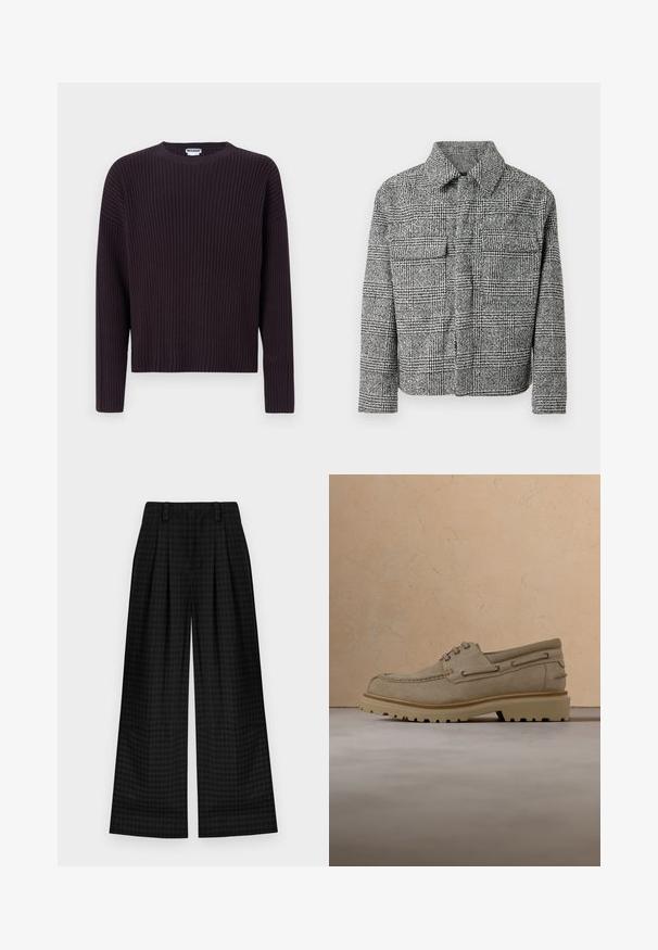 Chaqueta de camisa a cuadros en blanco y negro con collar, dos bolsillos en el pecho, mangas largas y una tela texturizada.; Suéter de punto acanalado en púrpura oscuro con cuello redondo y mangas largas, que presenta un corte holgado y una tela texturizada.; Pantalones de pierna ancha a cuadros negros con pliegues, que presentan una textura suave y un diseño clásico. Tejido ligero para mayor confort.; Zapato casual beige de ante con cordones y suela gruesa y acanalada, mostrado en el aire sobre una superficie y fondo beige texturizados que combinan.