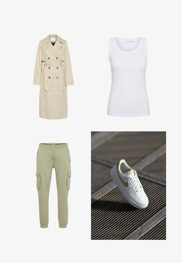 Manteau beige en tissu léger, avec un design croisé, de grands boutons et une ceinture à nouer à la taille. Manches longues et col classique.; Débardeur blanc côtelé sans manches avec encolure dégagée, petite étiquette de marque à l'intérieur du col et coupe ajustée.; Pantalons cargo en vert clair en tissu doux, avec poches latérales, poignets élastiqués et une taille à cordon pour un ajustement réglable.; Baskets en cuir blanc avec des accents dorés, bout rond, design perforé sur la boîte à orteils et lacets plats. Présente un logo 'Air' sur la semelle.