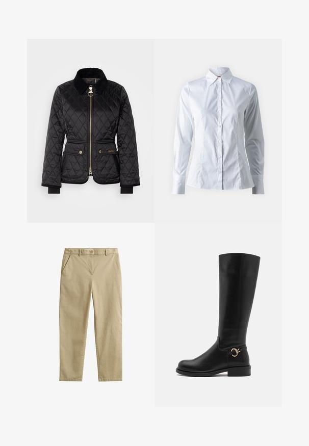 Veste matelassée noire avec fermeture éclair à l'avant, col en velours côtelé et quincaillerie dorée. Comprend deux poches avant avec fermetures à pression.; Chemise blanche à manches longues, col pointu, design ajusté, en tissu de coton lisse et fermeture à boutons sur le devant.; Pantalon beige à coupe droite avec poches avant, passants de ceinture et fermeture à bouton, fabriqué dans un tissu lisse.; Anna Field Wide Fit by Zalando Bottes - black