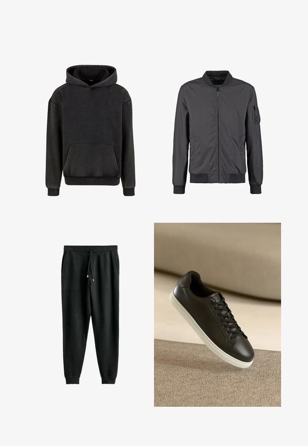 Sort bomberjakke med frontlynlås, ribbet krave, manchetter, kant og lynlåslomme på venstre ærme.; Urban Classics Hættetrøje - magnet; Sorte sweatpants med snoretræk i taljen, sidelommer, tapered ben og ribbede manchetter. Fremstillet af blødt stof med en glat tekstur.; Sort lædersneaker med hvid gummisål og sorte snørebånd, placeret mod en beige stofoverflade og baggrund.