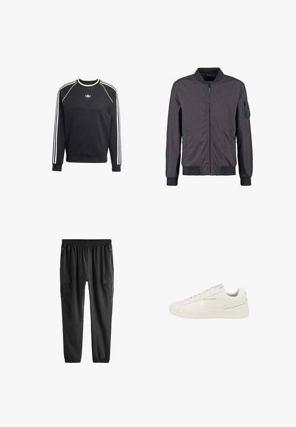 Veste bomber noire avec fermeture éclair frontale, col, poignets et ourlet côtelés, et poche zippée sur la manche gauche.; Sweat-shirt noir avec un design à trois rayures blanches sur les manches et des accents vert citron. Il présente un col rond et un petit logo sur la poitrine.; Pantalon cargo noir avec taille et poignets élastiques, doté de poches avant zippées et de poches à rabat sur les cuisses.; Baskets basses blanches à lacets, avec le logo "La Martina" sur le côté et une semelle en caoutchouc texturée, présentées sur un fond blanc.