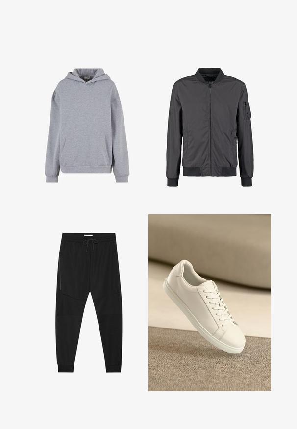 Schwarze Bomberjacke mit Frontreißverschluss, geripptem Kragen, Bündchen, Saum und Reißverschlusstasche am linken Ärmel.; Hellgrauer Pullover mit Kapuze, langen Ärmeln, Kängurutasche vorne und gerippten Bündchen auf weißem Hintergrund.; Schwarze Sporthosen aus strukturiertem Stoff, mit verstellbarem Bund, seitlicher Reißverschlusstasche und schmal zulaufenden Bündchen.; Weißes Leder Sneaker mit weißen Schnürsenkeln, auf einer beigefarbenen strukturierten Oberfläche präsentiert, und einem sanft verschwommenen Hintergrund.