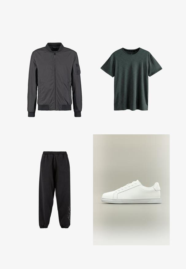 Chaqueta bomber negra con cremallera frontal, cuello, puños y dobladillo acanalados, y bolsillo con cremallera en la manga izquierda.; Camiseta gris oscuro hecha de un tejido suave y texturizado. Presenta un clásico cuello redondo y mangas cortas con un sutil patrón. Sin logotipos visibles.; Pantalones de chándal negros hechos de una tela suave con una cintura elástica. Tobillos entallados y detalle de texto impreso en un lado. Corte casual y relajado.; Zapatilla blanca de caña baja con cordones al frente y suela de goma texturizada sobre un fondo neutro y sencillo.