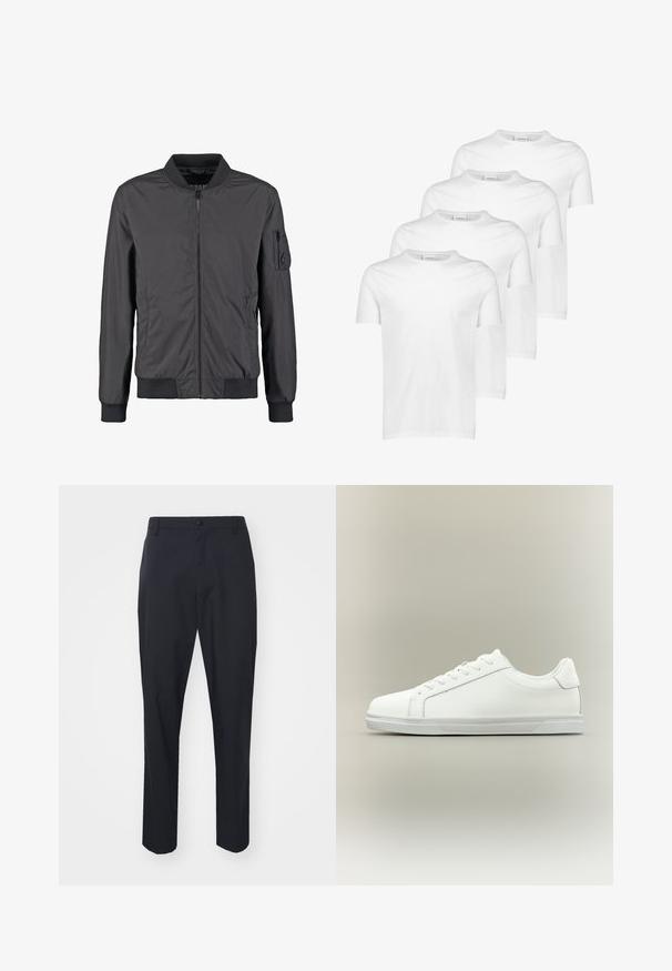 Schwarze Bomberjacke mit Frontreißverschluss, geripptem Kragen, Bündchen, Saum und Reißverschlusstasche am linken Ärmel.; Weiße Baumwoll-T-Shirts, kurze Ärmel, runder Ausschnitt, glatte Textur, vier Stück gestapelt mit einheitlichem Design und ohne Muster oder Akzente.; Schwarze Hosen mit glatter Textur, geradem Bein Design, Knopfverschluss und Gürtelschlaufen. Keine sichtbaren Muster oder Akzente.; Weißer Sneaker mit niedrigem Schaft, Schnürung vorne und strukturierter Gummisohle vor einfachem neutralem Hintergrund.