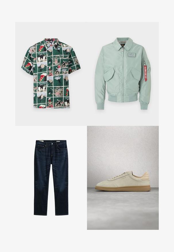 Veste bomber vert clair avec fermeture éclair frontale, poches à rabat, poignets et ourlet côtelés, un écusson sur la poitrine, et une étiquette rouge "Remove Before Flight" sur la poche de la manche.; Chemise à manches courtes avec fermeture à boutons, motif bande dessinée verte comprenant des personnages de dessin animé, des parts de pizza, des montagnes et des scènes de pique-nique.; Jean bleu foncé à jambes droites avec poches avant et arrière, fermeture par boutons et détails de whiskering subtils sur les cuisses.; Baskets en daim beige avec semelle en caoutchouc texturée couleur gomme. Elles présentent des lacets plats, un bout arrondi et un logo discret sur le côté. Col légèrement rembourré.