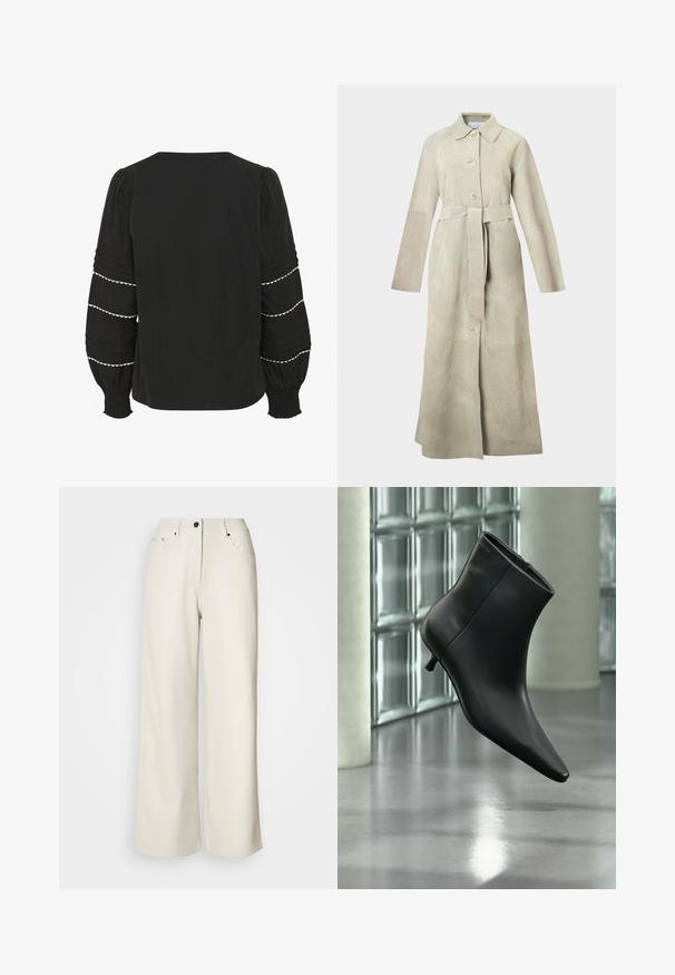 Trench-coat en daim beige clair, avec col cranté, manches longues, boutons à l'avant et ceinture nouée à la taille. Lignes épurées et design minimaliste.; Blouse noire avec des manches bouffantes, ornée de plis texturés et d'un ourlet en dentelle blanche. Poignets élastiques et design simple au dos.; Pantalons larges de couleur crème en tissu lisse. Dotés d'une taille mi-haute, d'une fermeture éclair et de deux poches avant avec des accents en matériel noir.; Bottine en cuir noir à bout pointu et petit talon kitten, présentée en angle devant un sol poli et un mur en blocs de verre.