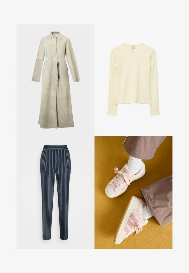 Suède trenchcoat in licht beige, voorzien van een kraag met inkeping, lange mouwen, knopen aan de voorkant en een ceintuur die in de taille gestrikt kan worden. Strakke lijnen en een minimalistisch ontwerp.; Crème-kleurige, gebreide top met lange mouwen en een ronde halslijn, met een recht boordje, weergegeven tegen een witte achtergrond.; Samsøe Samsøe AGNETA TROUSERS - Broek - salute; Roze suède sneakers met bijpassende strepen, witte veters en een crèmekleurige zool. Gecombineerd met witte sokken en losse bruine broeken op een gele achtergrond.