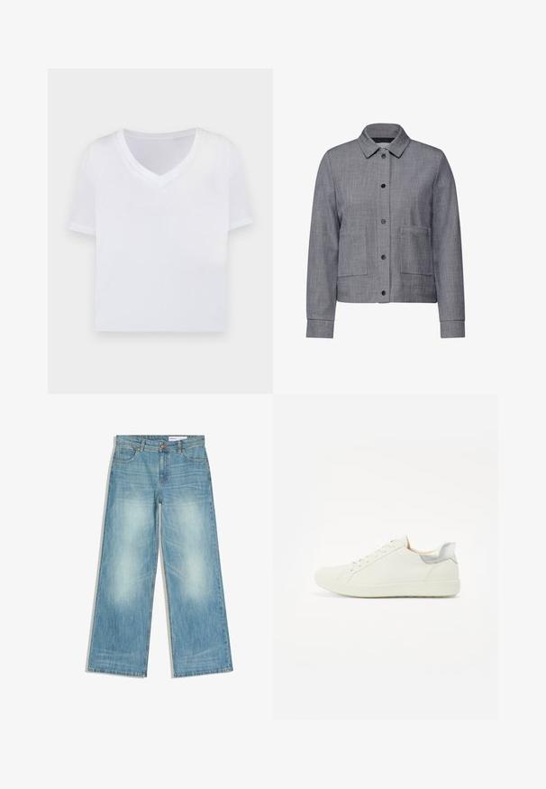 Grå jakke lavet af tekstureret stof, med knaplukning fortil, krave og to forlommer. Lange ærmer med knapmanchetter.; Hvid cropped t-shirt med v-hals, korte ærmer og et glat, let materiale. Ingen mønstre eller synlig hardware. Simpelt design.; Lyseblå bredbenede denimjeans med forlommer, bæltestropper og knaplukning, der viser diskret falming på lårene.; Hvide lædersneakers med en glat tekstur, snørebåndsdesign og sølvdetalje på hælen. Polstret sål for komfort.