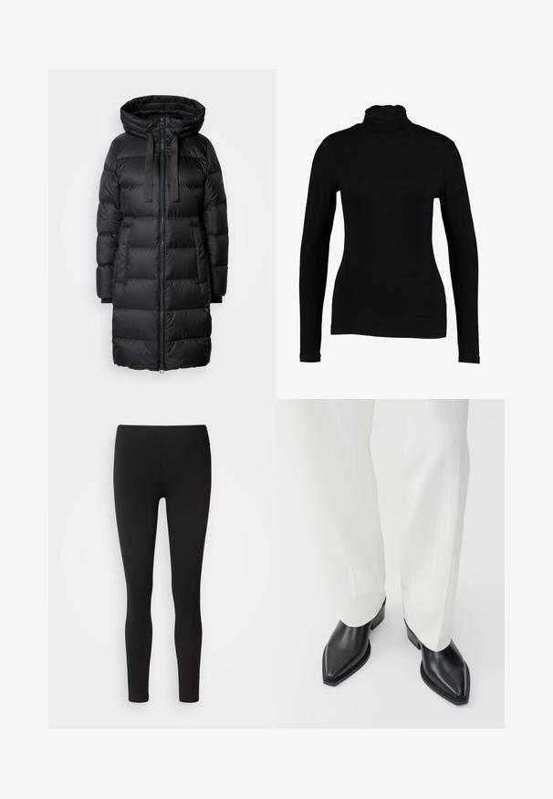 Schwarze Steppjacke mit Kapuze, Frontreißverschluss und aufgesetzten Taschen. Aus glattem Stoff mit einem gesteppten Design und elastischen Bündchen.; Schwarzes Langarm-Turtleneck-Top aus glattem Stoff, mit taillierter Passform und hohem Kragen, geeignet zum Layering oder als eigenständiges Kleidungsstück.; Schwarze Leggings aus elastischem Stoff mit nahtlosem Bund, figurbetontem Design und glatter Textur, geeignet für verschiedene Aktivitäten.; Schwarze spitz zulaufende Stiefeletten aus glattem Leder mit flachen Blockabsätzen, kombiniert mit weißen, weiten Hosen. Schlichtes und modernes Design.