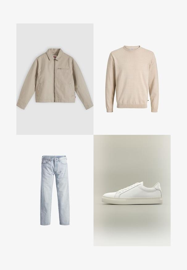 Beige jas met rits, met spitse kraag, twee voorzakken en een klein zakje met rits op de borst, plat liggend op een lichte achtergrond.; Beige gebreide trui met een ronde hals, lange mouwen, geribbelde boorden en zoom, voorzien van een subtiele textuur en een logo-label aan de zijkant.; Lichtblauwe denim jeans met een rechtstaand ontwerp, knopenfly, vijf zakken en een subtiele vervaagde textuur. Voorzien van metalen hardware accenten.; Witte lage sneaker met veters aan de voorkant en dikke zool, zijaanzicht tegen een neutrale achtergrond.