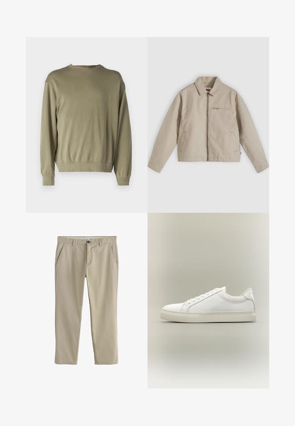 Beige lynlåstrøje med spids krave, to forlommer og en lille lynlåslomme på brystet, vist fladt på en lys baggrund.; Oliven grøn, langærmet sweatshirt lavet af blødt bomuldsblanding. Har en rund halsudskæring og ribbede manchetter med en afslappet pasform.; Beige bukser med lige ben, sidelommer, bæltestropper og knaplukning i taljen.; Hvid lavtop sneaker med snørebånd foran og tyk sål, vist fra siden mod en neutral baggrund.