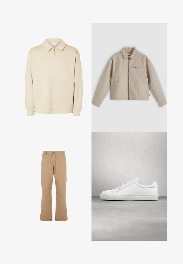 Beige jas met rits, met spitse kraag, twee voorzakken en een klein zakje met rits op de borst, plat liggend op een lichte achtergrond.; Beige pullover sweatshirt gemaakt van zachte stof, met een ritssluiting bij de hals, een kraag en een ontspannen pasvorm met een eenvoudig horizontaal naaddetail.; Beige katoenen broek met een rechte snit, voorzien van een knoopsluiting, zijzakken en een gladde textuur.; Witte sneaker met een gladlederen bovenwerk en een laag profiel. Voorzien van een ronde neus, zes vetergaatjes en een gestructureerde rubberen zool.