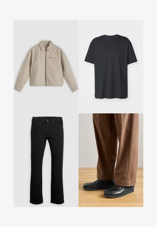 Chaqueta beige con cremallera, cuello puntiagudo, dos bolsillos delanteros y un pequeño bolsillo con cremallera en el pecho, mostrada extendida sobre un fondo claro.; Camiseta de algodón negra con mangas cortas, escote redondo, corte relajado y textura suave. Sin patrones visibles ni detalles adicionales.; Pantalones vaqueros negros de mezclilla con diseño de pierna recta, cinco bolsillos, detalles de herrajes de cobre y trabillas para cinturón. Textura de tela lisa sin patrones.; Zapatos de cuero negros con diseño de mocasín y detalles de costura, combinados con pantalones marrones, sobre un suelo de madera.