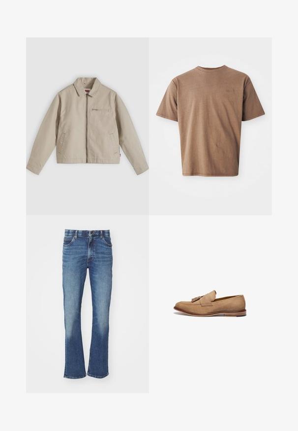 Chaqueta beige con cremallera, cuello puntiagudo, dos bolsillos delanteros y un pequeño bolsillo con cremallera en el pecho, mostrada extendida sobre un fondo claro.; Camiseta de algodón marrón con cuello redondo, mangas cortas y un discreto logo bordado en la parte izquierda del pecho. Textura suave, ajuste relajado.; Jeans de mezclilla azul con un ligero corte acampanado, con un lavado desgastado, cinco bolsillos y cierre de botón.; Mocasin de ante en tono marrón claro con detalle de borlas, puntera redonda y tacón marrón a contraste. Textura suave y costuras sencillas como acento.