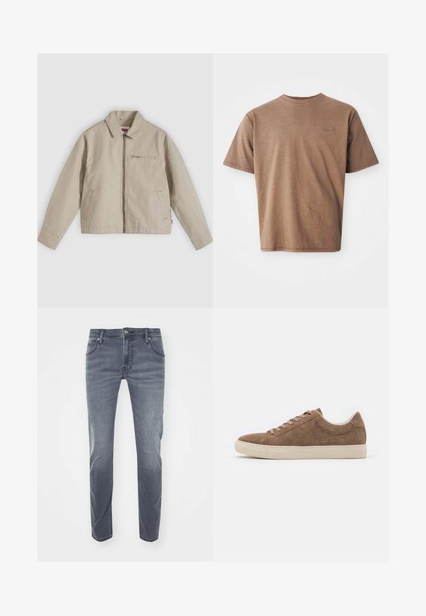 Beige lynlåstrøje med spids krave, to forlommer og en lille lynlåslomme på brystet, vist fladt på en lys baggrund.; Brun bomulds t-shirt med rund hals, korte ærmer og et diskret broderet logo på venstre brystområde. Glat tekstur, afslappet pasform.; Mørkeblå denimjeans med lige ben, subtil falming, bæltesløjfer, forlommer og et lille logo på livet.; Brune ruskind casual sneakers med lav profil, flad beige gummisål og seks snørehuller. Rund toe og minimalistisk design.