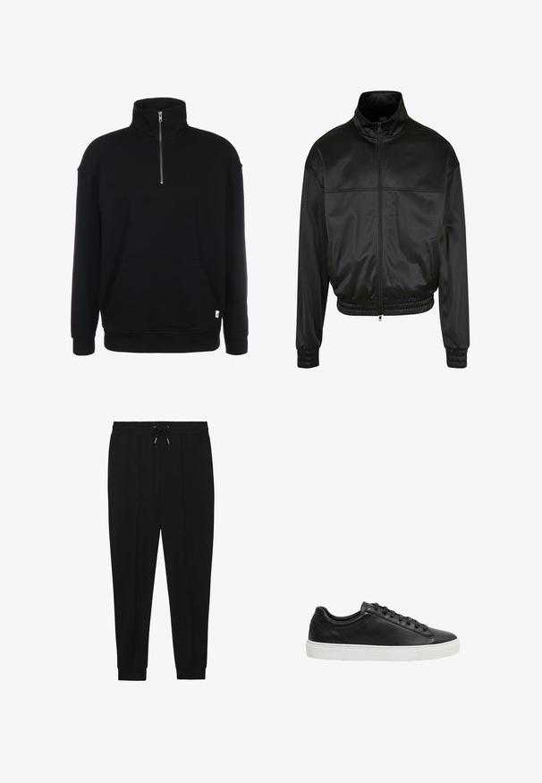 Zwarte bomberjack gemaakt van glad, lichtgewicht materiaal. Voorzien van een hoge kraag, een ritssluiting aan de voorkant en geribde manchetten met een cropped ontwerp.; Zwarte sweatshirt met rits en lange mouwen, zachte textuur, een voorzak en een klein groen logo aan de onderrand.; Zwarte sportbroek met een trekkoord in de taille, taps toelopende benen en ribbels aan de manchetten. Gemaakt van een zachte stof met een gladde textuur.; Zwarte lage leren sneaker met zwarte veters en een witte rubberen zool, vanaf de zijkant getoond op een witte achtergrond.