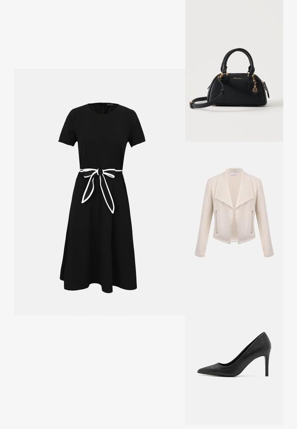 Veste femme couleur crème avec larges revers, devant ouvert, manches longues et deux poches zippées verticales sur les côtés avant.; Robe noire longueur genou avec manches courtes et ceinture blanche nouée à la taille, avec un col rond et une fermeture éclair au dos.; Escarpin noir à talon aigu, en cuir lisse, présentant un design élégant et un talon cylindrique fin.; Sac à main noir arrondi avec double poignée, bandoulière réglable, fermeture éclair dorée et breloque en forme de cœur avec motif de clé sur fond clair.
