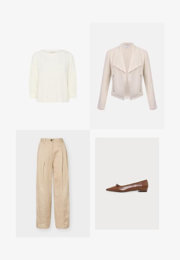 Veste femme couleur crème avec larges revers, devant ouvert, manches longues et deux poches zippées verticales sur les côtés avant.; Kaffe KABETTY - Pullover - chalk cc; Pantalon beige à jambes larges avec plis avant, passants de ceinture, fermeture par bouton et finition lisse.; Chaussure plate en cuir marron avec bout pointu, petit talon et une fine bride sur le devant sur un fond clair uni.