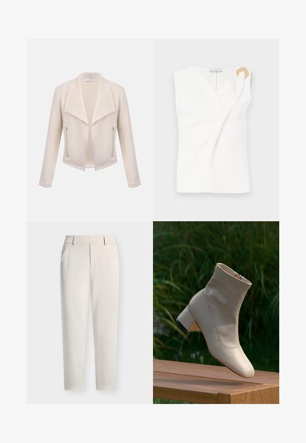 Veste femme couleur crème avec larges revers, devant ouvert, manches longues et deux poches zippées verticales sur les côtés avant.; Blouse sans manches blanche avec un design croisé, présentant un détail décoratif en forme d'anneau doré sur l'épaule droite.; Pantalon beige droit avec passants pour ceinture, poches latérales et fermeture éclair à l'avant sur un fond uni.; Bottine en cuir beige à talon bloc reposant sur une surface en bois, arrière-plan en herbe verte, vue de côté, éclairage naturel doux.