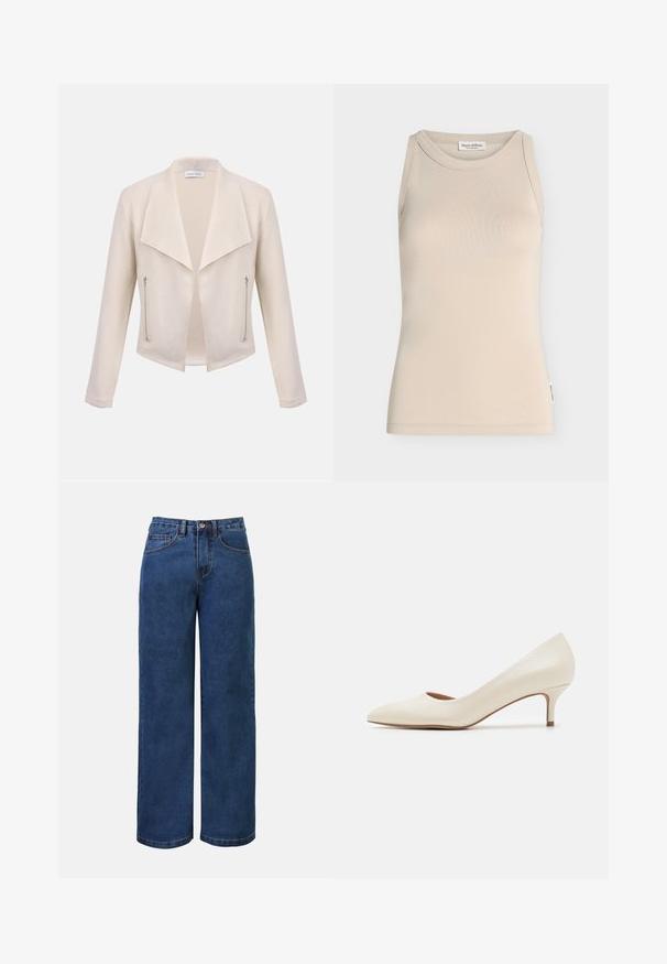 Chaqueta femenina color crema con solapas anchas, parte delantera abierta, mangas largas y dos bolsillos verticales con cremallera en los laterales delanteros.; Camiseta sin mangas beige con escote redondo, diseño sencillo y pequeña etiqueta de marca en la costura lateral.; Pantalones vaqueros de mezclilla azul oscura de pierna ancha con cintura elevada, con cierre de botón, trabillas para el cinturón y bolsillos delanteros y traseros. Textura suave.; Zapato de tacón bajo beige con punta afilada y un acabado superior suave y brillante. Presenta un sutil corte a lo largo del arco y un tacón delgado y cónico.
