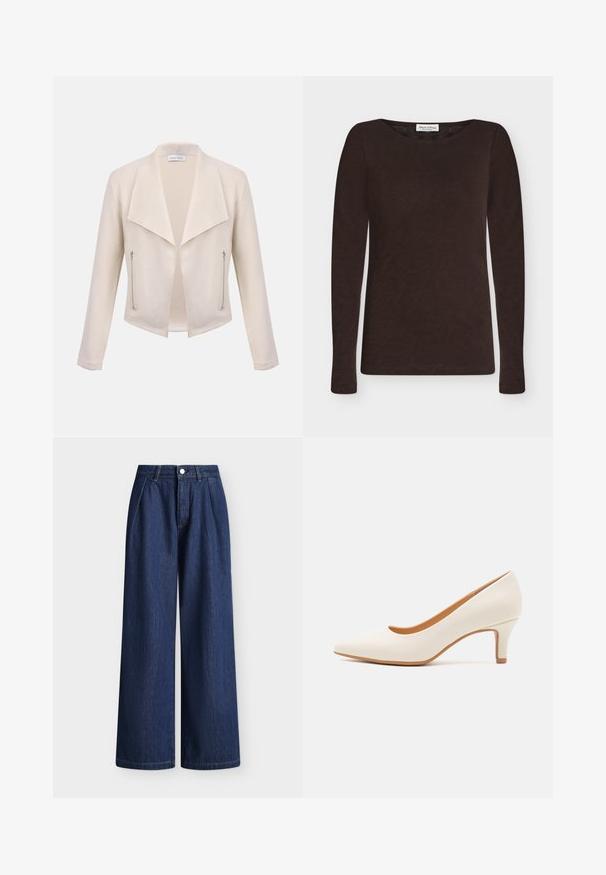 Damesjas in crèmekleur met brede revers, open voorkant, lange mouwen en twee verticale ritszakken aan de voorzijden.; Donkerbruine longsleeve met ronde hals, gemaakt van lichtgewicht stof met een slanke pasvorm en zonder zichtbare patronen of versieringen.; Donkerblauwe, hoog geplaatste denim broek met wijde pijpen, voorplooien, riemlussen en knoopsluiting.; Witte leren hoge hak met een puntige neus en een slanke, licht hellende hak. Gladde textuur met een minimalistisch ontwerp en een tan gekleurde zool.