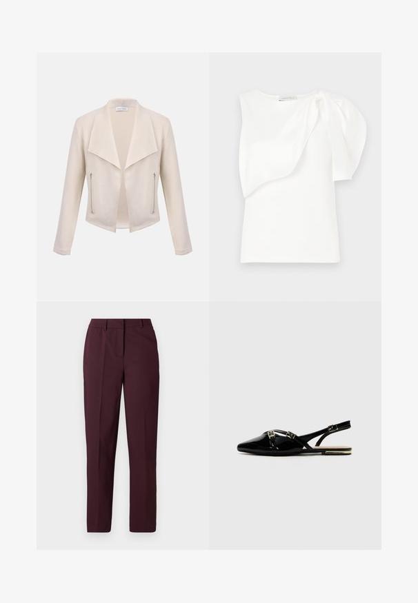 Veste femme couleur crème avec larges revers, devant ouvert, manches longues et deux poches zippées verticales sur les côtés avant.; Haut sans manches blanc avec détail de tissu superposé asymétrique et manches bouffantes froncées sur une épaule, présenté à plat sur un fond blanc.; Pantalon droit bordeaux avec une texture lisse, présentant un devant plat et sans poches visibles. Coupe ajustée avec une coupe classique.; Des chaussures slingback en cuir verni noir avec un bout pointu, ornées de deux boucles dorées et d'un petit talon. Texture lisse et design minimaliste.